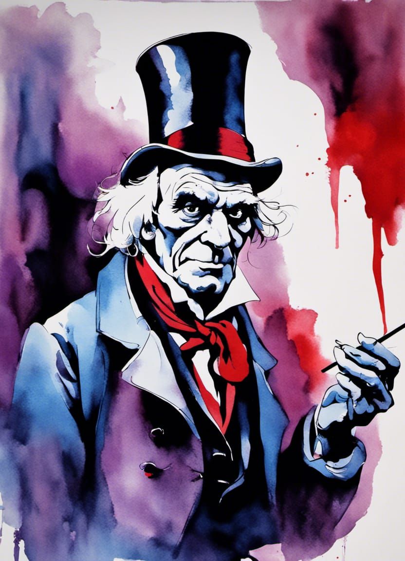 Modern Ink Painting of Scrooge in Red and Blue