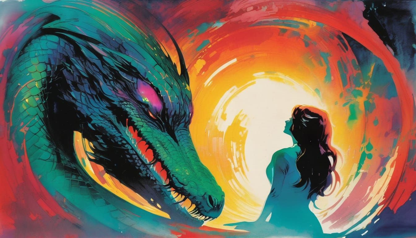 Cosmic Serpent Hugged by Woman in Abstract Style