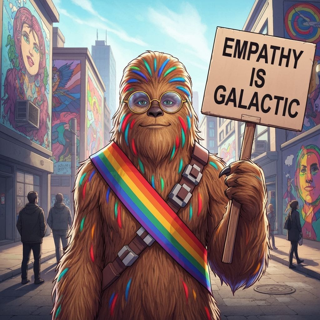 Wookiee Activist Holds "Empathy is Galactic" Sign