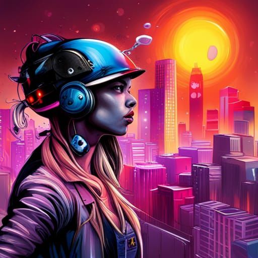 Cool Girl in Future City Graffiti Art