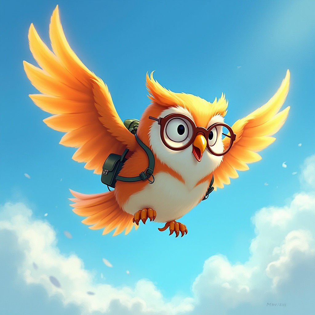 Whimsical Owl Soaring with Fiery Wings in Miyazaki Style