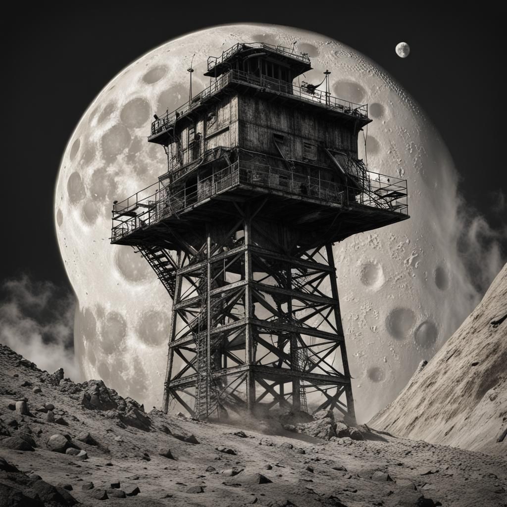 Hyperrealistic Watch Tower on the Moon in Charcoal
