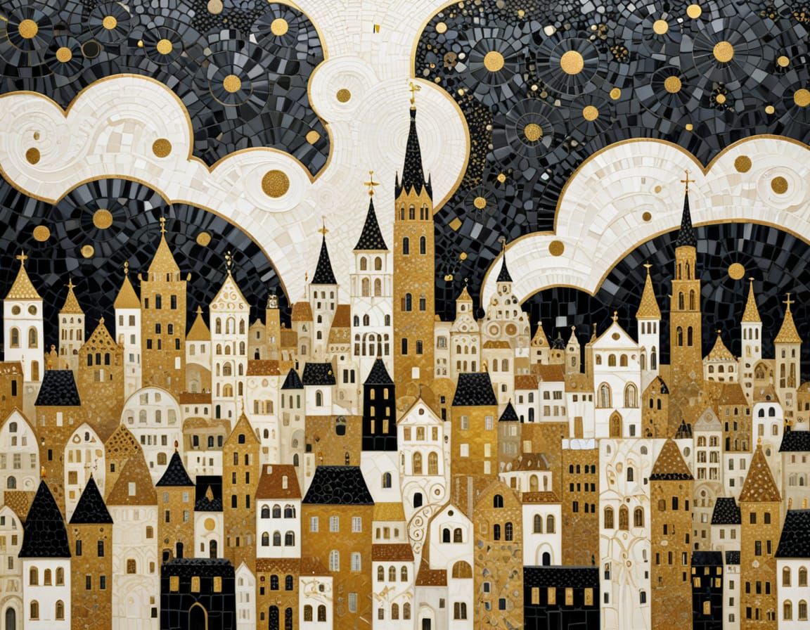 Golden Cityscape in Whimsical Mosaic Style