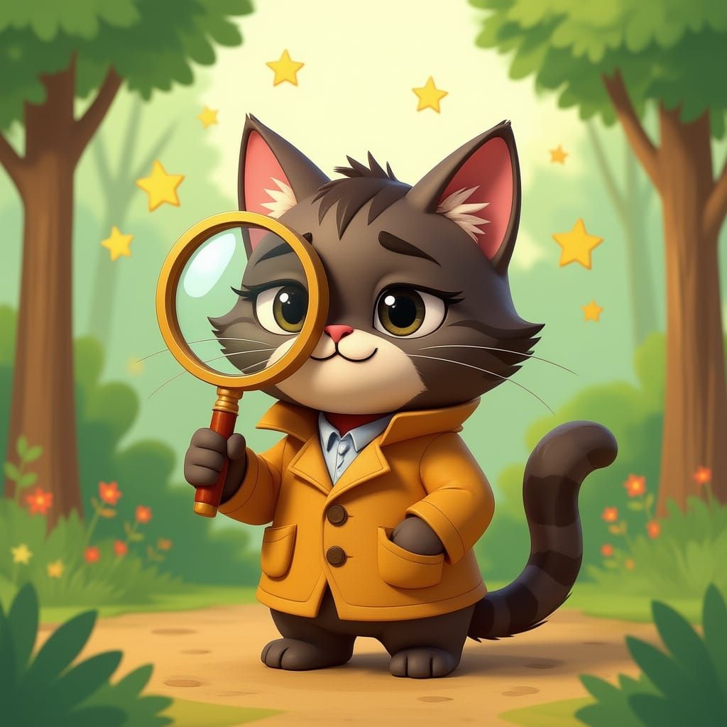 Melancholic Cartoon Detective Cat with Magnifying Glass