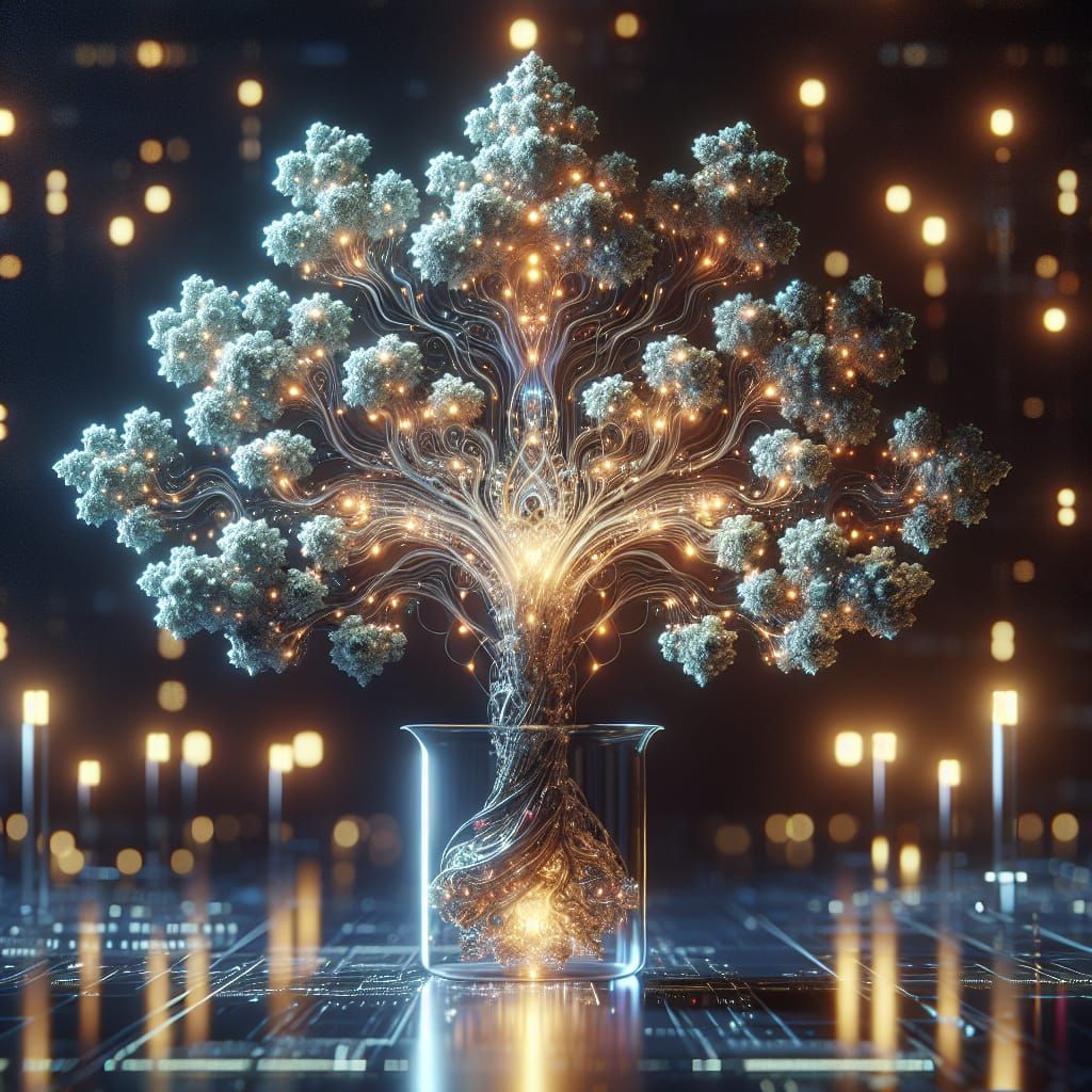 Bioluminescent Fractal Cyborg Tree in Sci-Fi Lab