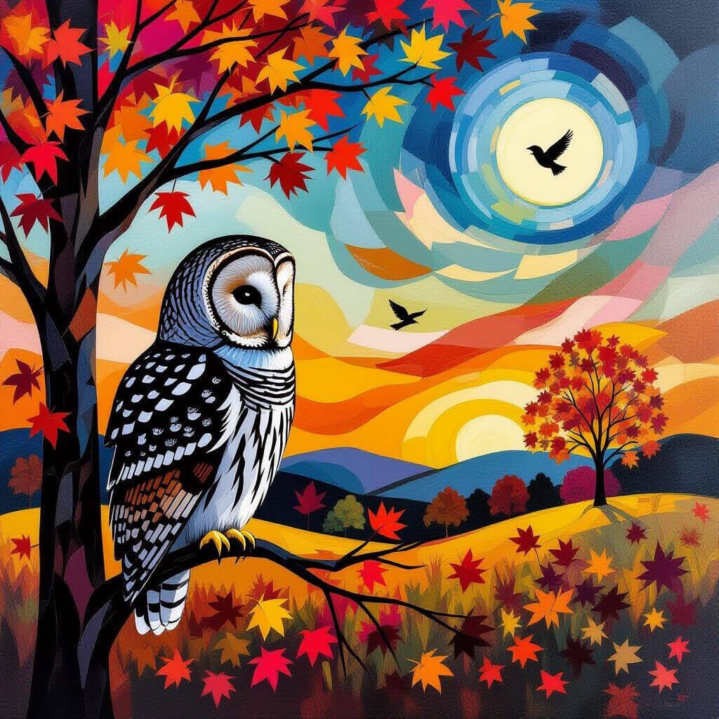 Barred Owl in Autumn Tree at Dusk, Abstract Style