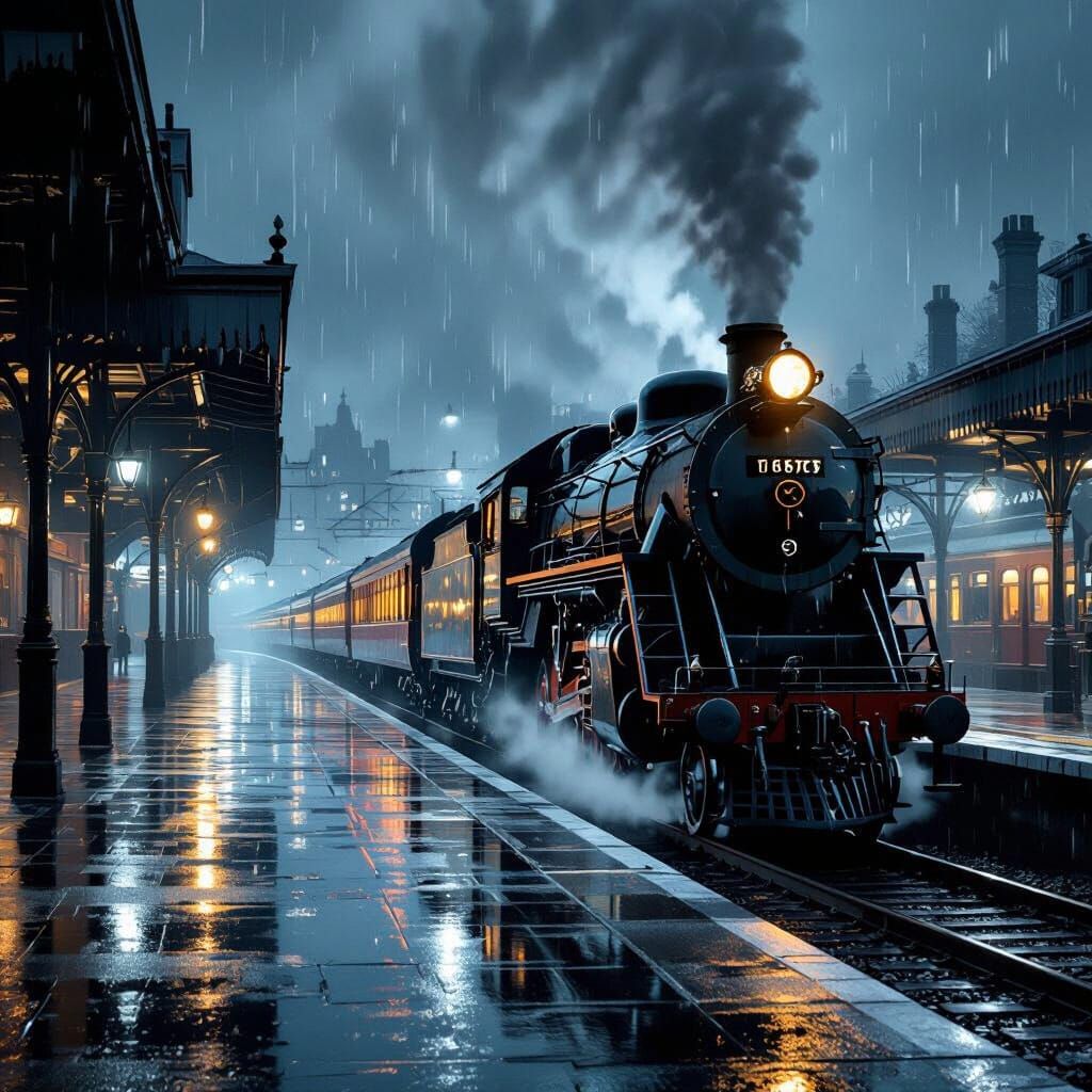 Steam Locomotive in Station at Night, Cinematic Lighting