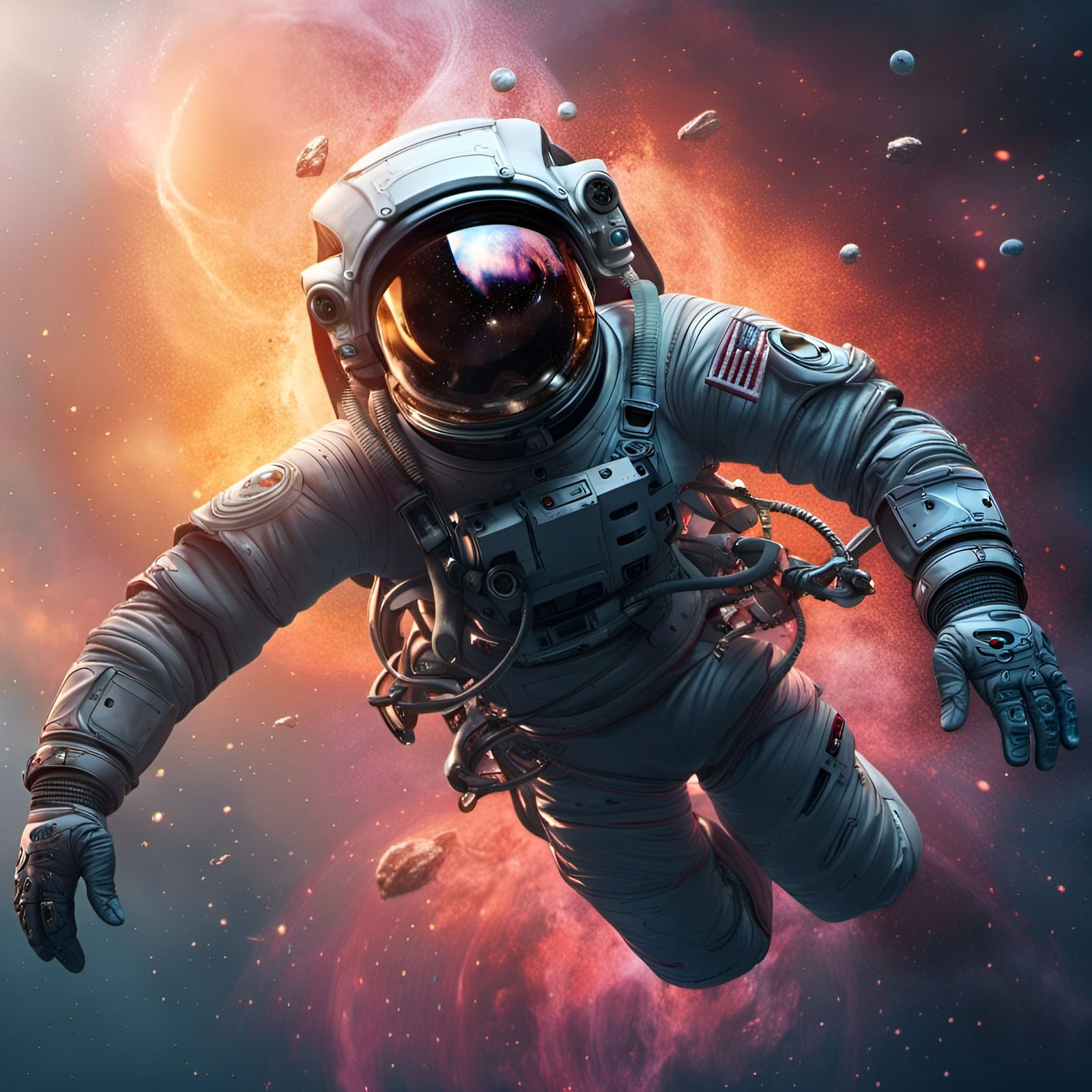 Astronaut in Liquid Metal Armor Drifting in Space