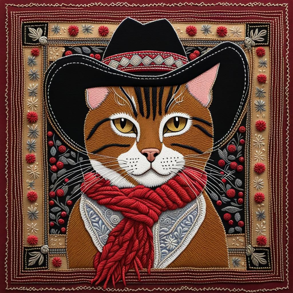 Cowboy Cat in Whimsical Textile Folk Art Style