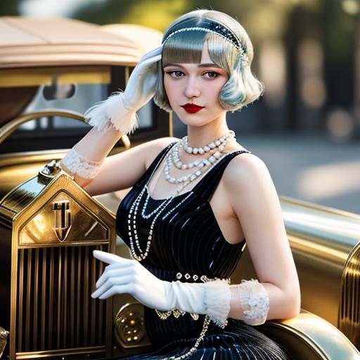 1920s flapper girl and Great Gatsby's Rolls-Royce