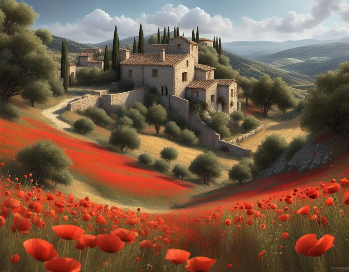 Hyperrealistic Poppies in a Provence Landscape