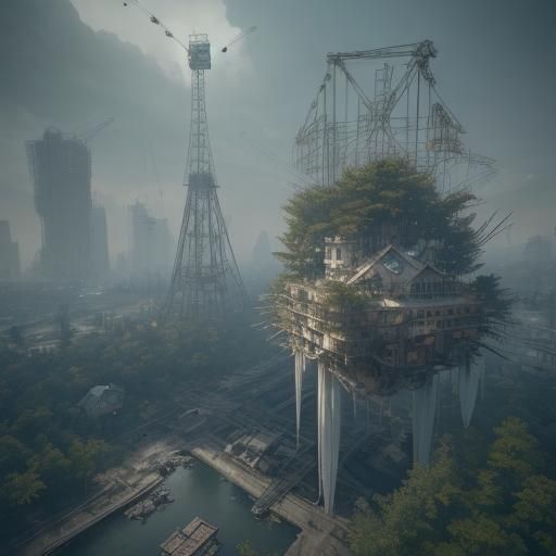 Half-Built Utopia with Frozen Cranes in Overgrown Gardens