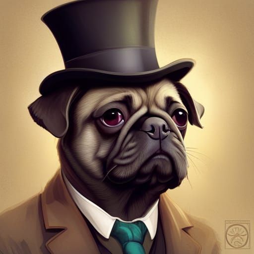 Pug with Top Hat: Detailed Art Nouveau Portrait