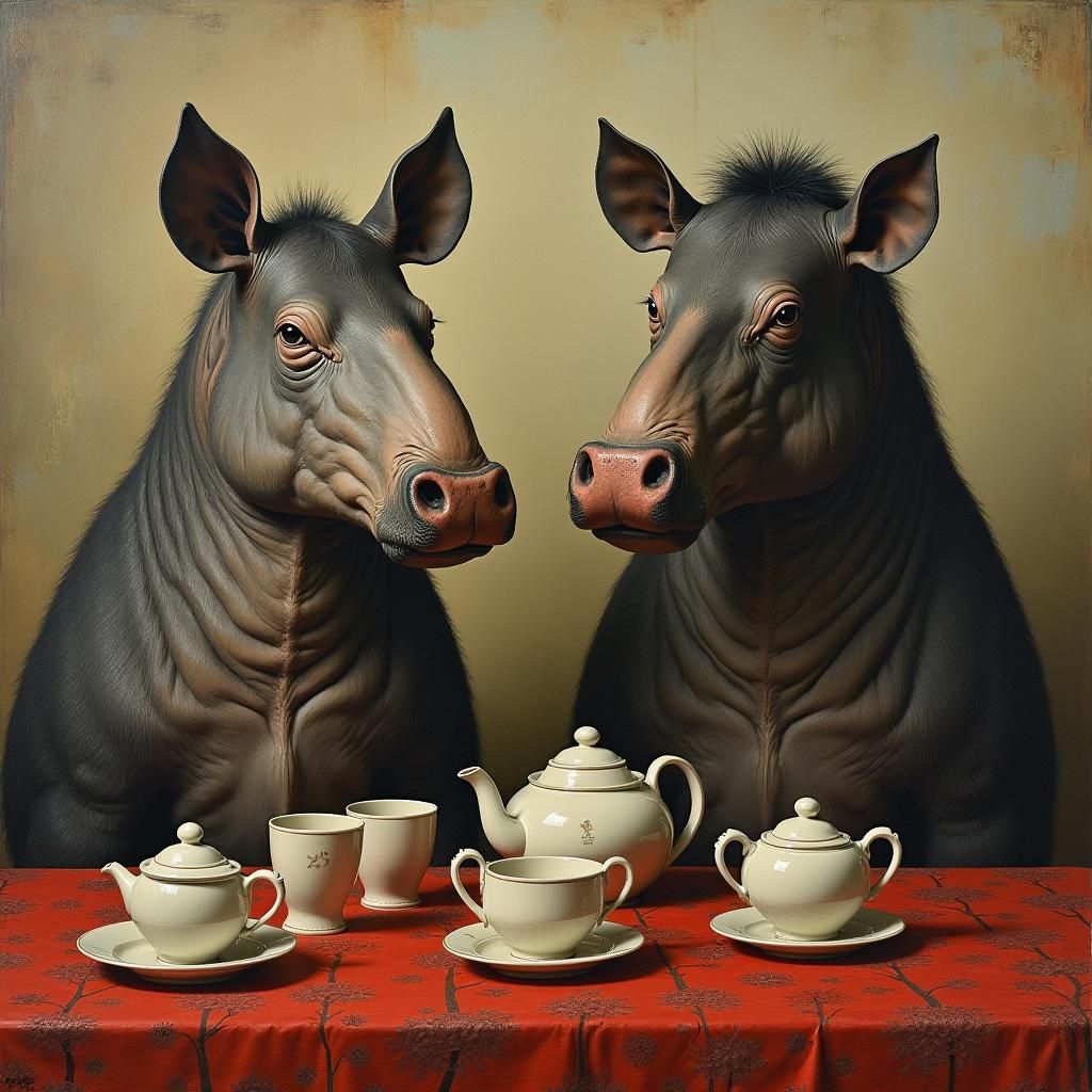 Tapirs Recreate American Gothic Tea Party