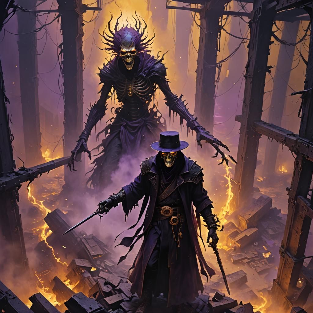 Death Confronts Fear in Dark Fantasy Ruins