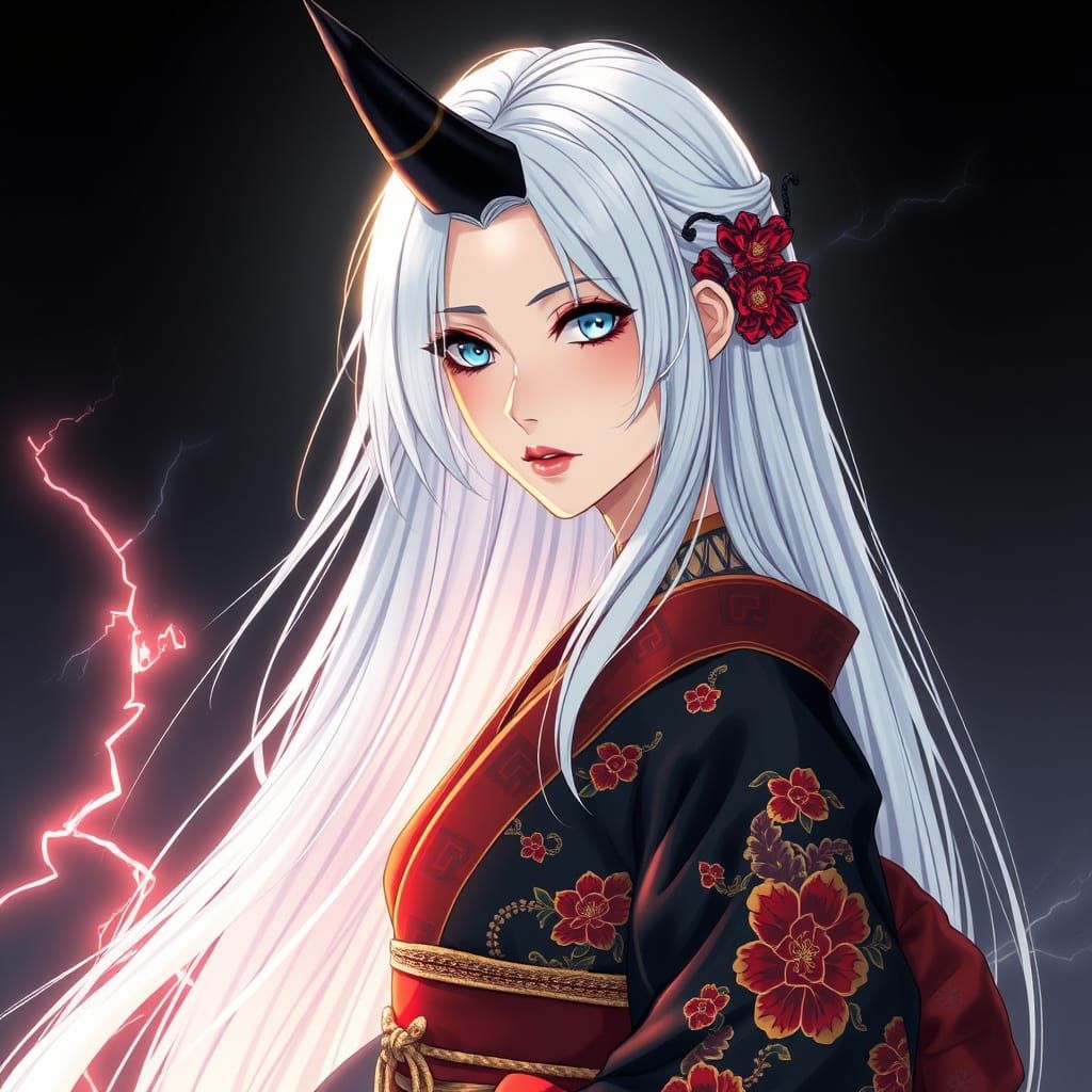 Enigmatic Japanese Goddess in Snowy White Hair and Black Oni...