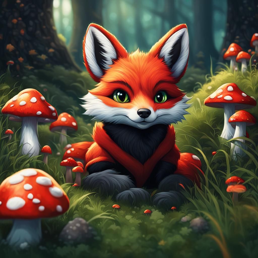 Cute Black Fox Relaxing by Bonfire, Fantasy Art