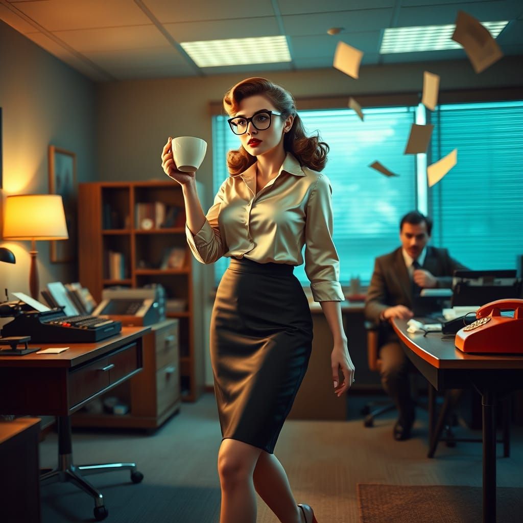 Glamorous 1950s Secretary Spills Coffee in Office