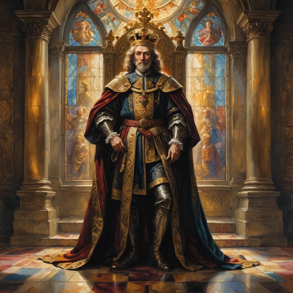 Defiant King in Throne Room: Baroque Oil Painting
