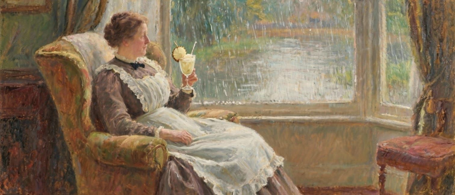 Whistler's Mother Sips Pina Colada in Rainy Impressionist Sc...