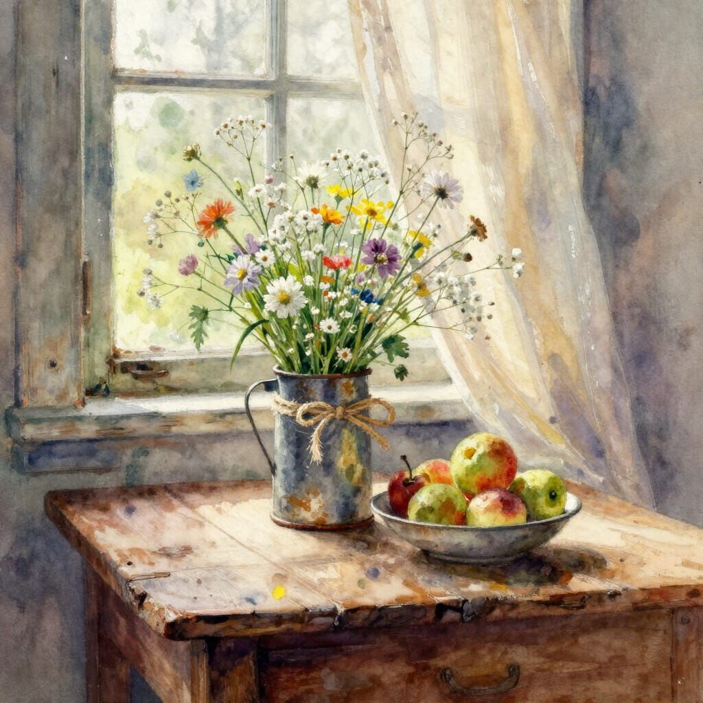 Wildflowers in Tin Can Watercolor Painting