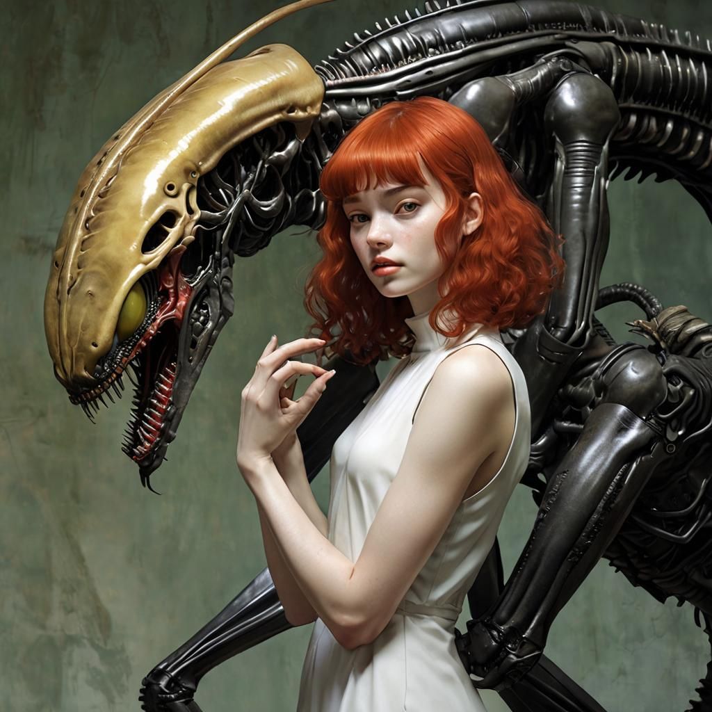 Girl and Xenomorph: Surreal Petting Scene