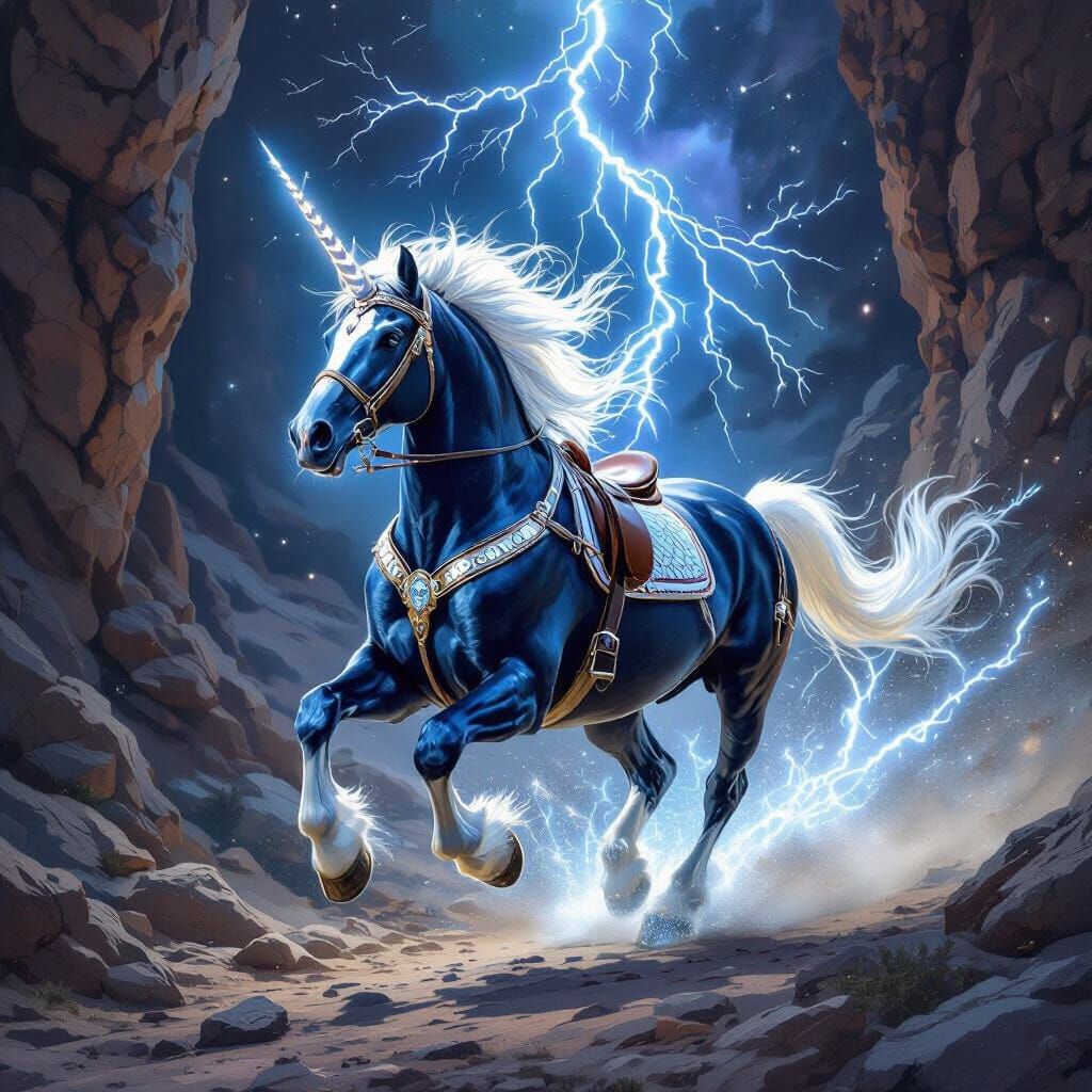 Ethereal Blue Clydesdale Horse Gallops Through Canyon