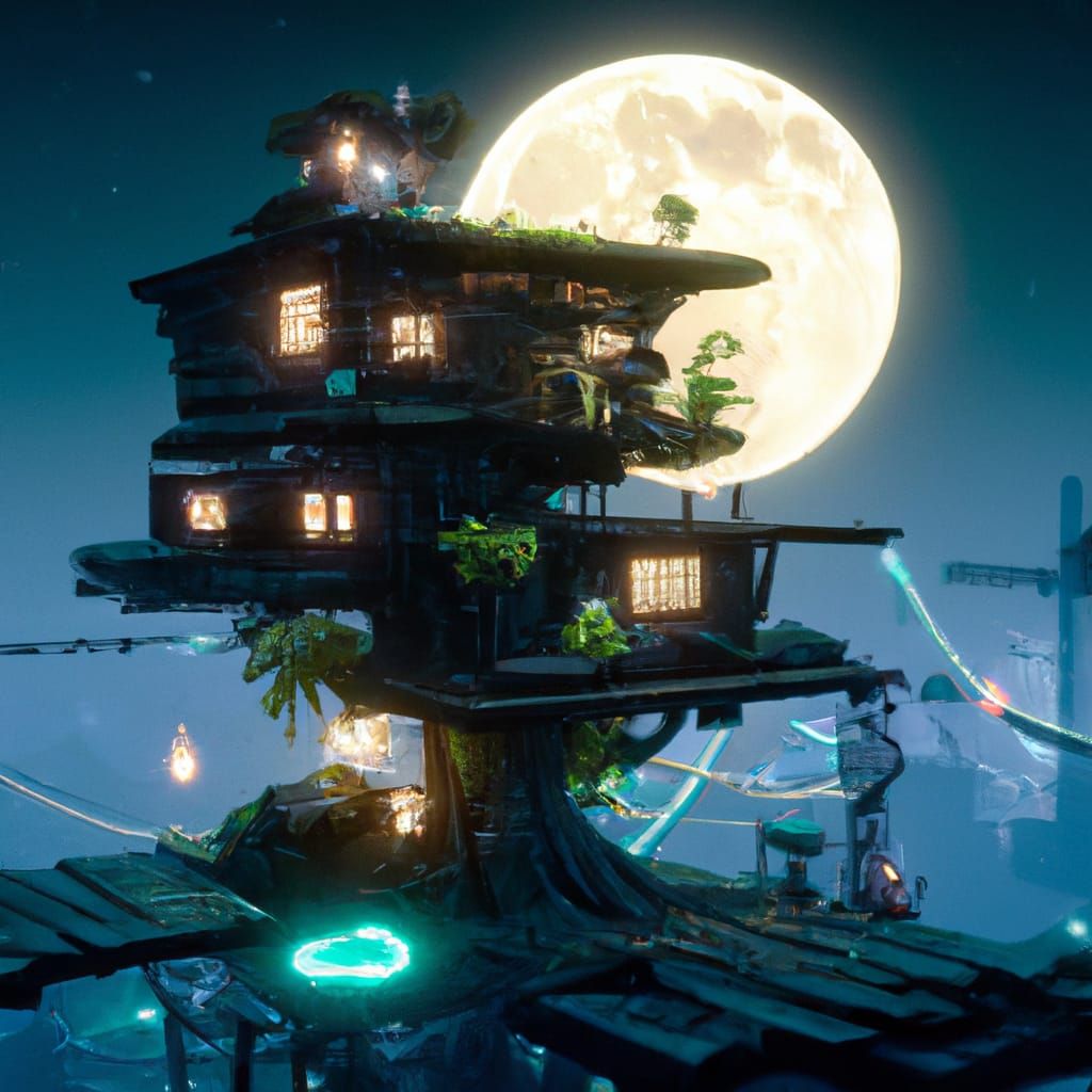 Photorealistic Treehouse City on Moonscape in 8K