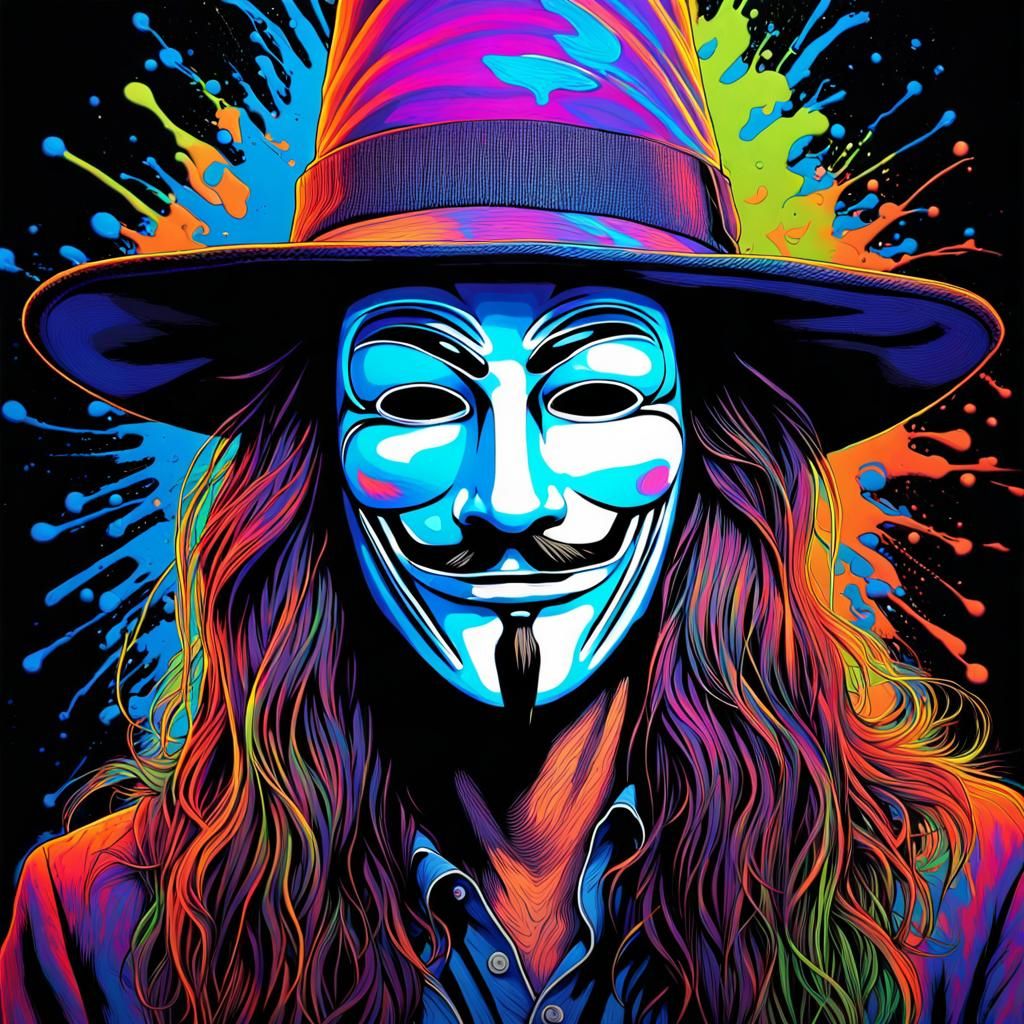 Black light poster of a long haired man in a Guy Fawks mask,  Psychedelic,  fluorescent, hippie, , Underground comix,  g...
