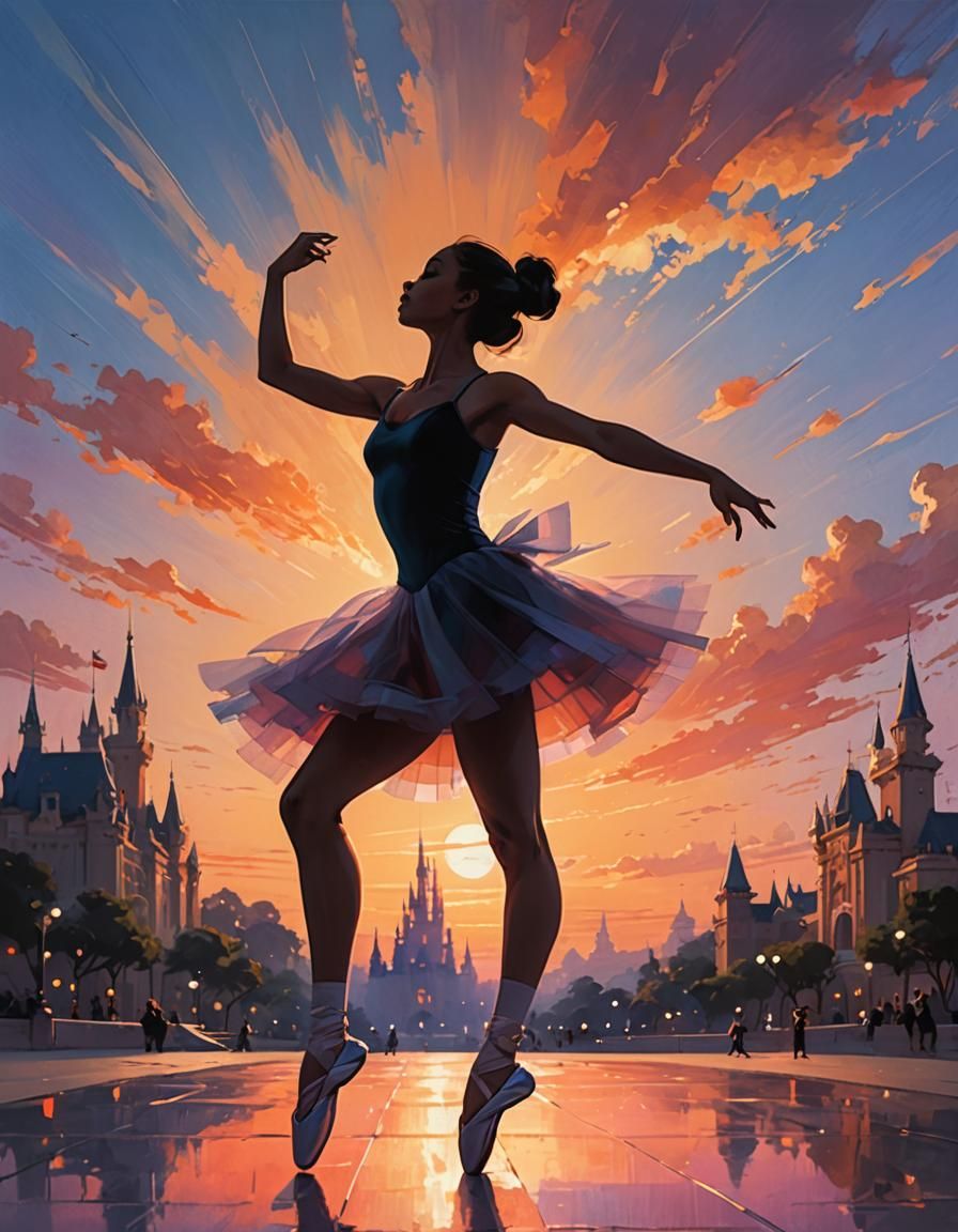 Ballerina Silhouette at Sunset in Animation Style