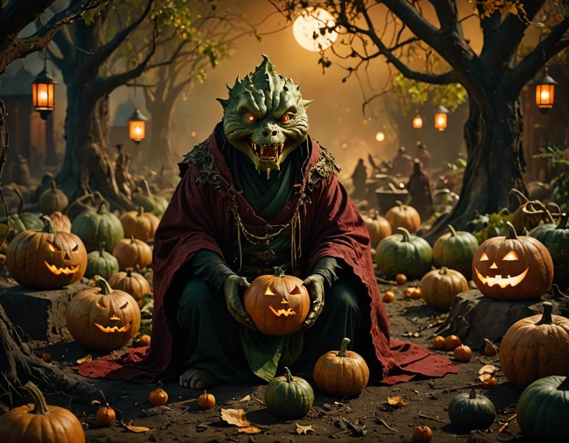 an Asian Bitter Gourd as an evil Gorn (IYKYK) humanoid, eati...