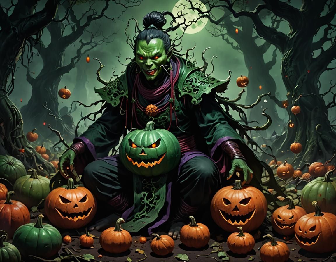 an Asian Bitter Gourd as an evil person humanoid, eating other gourds, half eaten gourds litter the ground around
