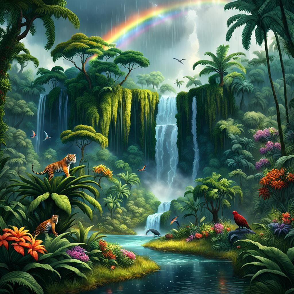 Tiger Prowling in a Fantastical Tropical Rainforest