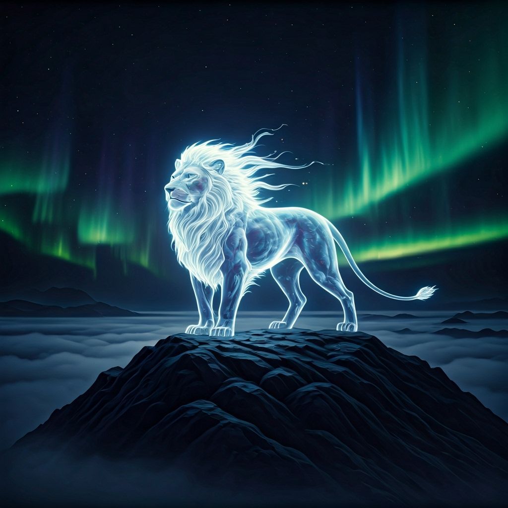 Ethereal Lion on Misty Peak Under Aurora
