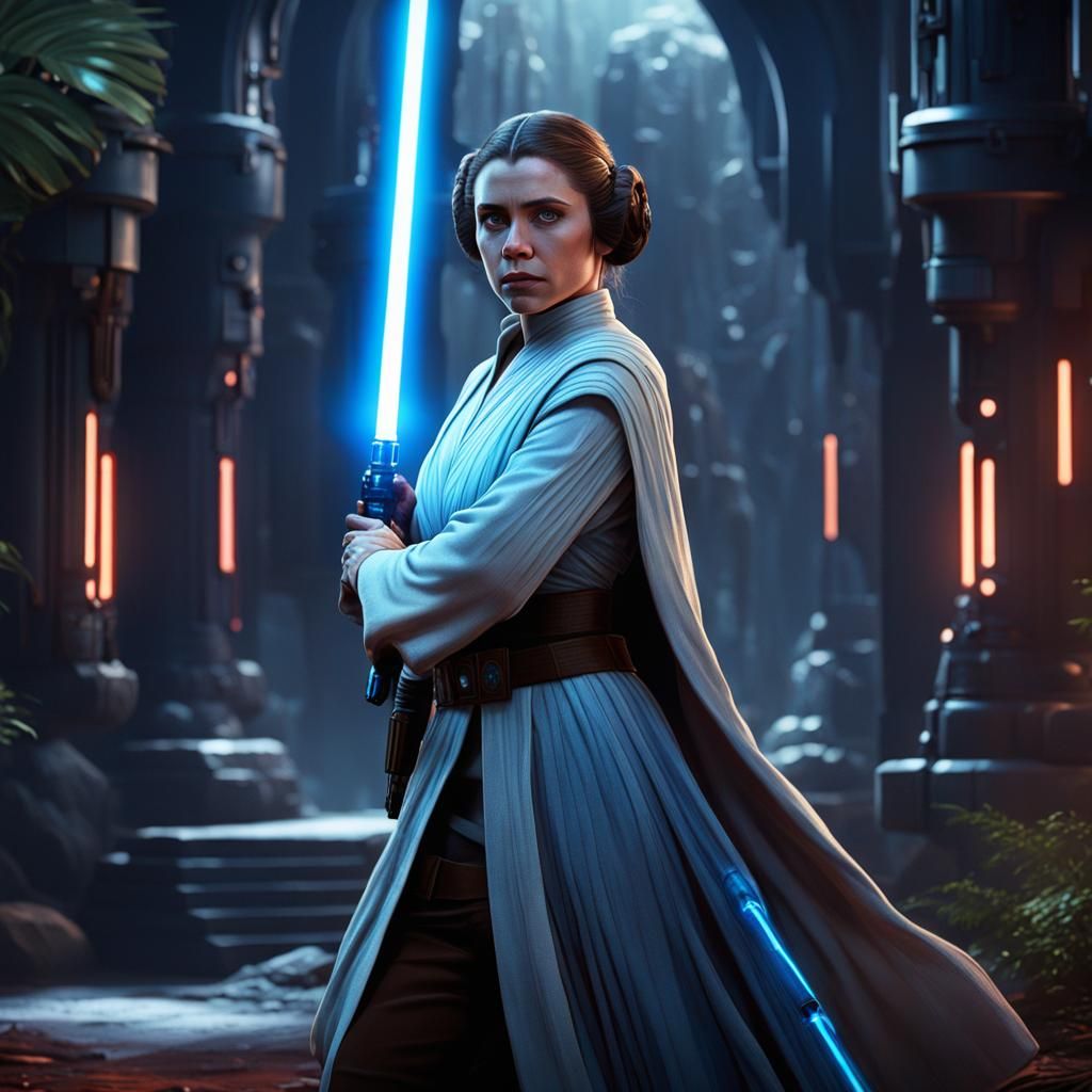 Young Jedi Leia with Lightsaber, Detailed Digital Art