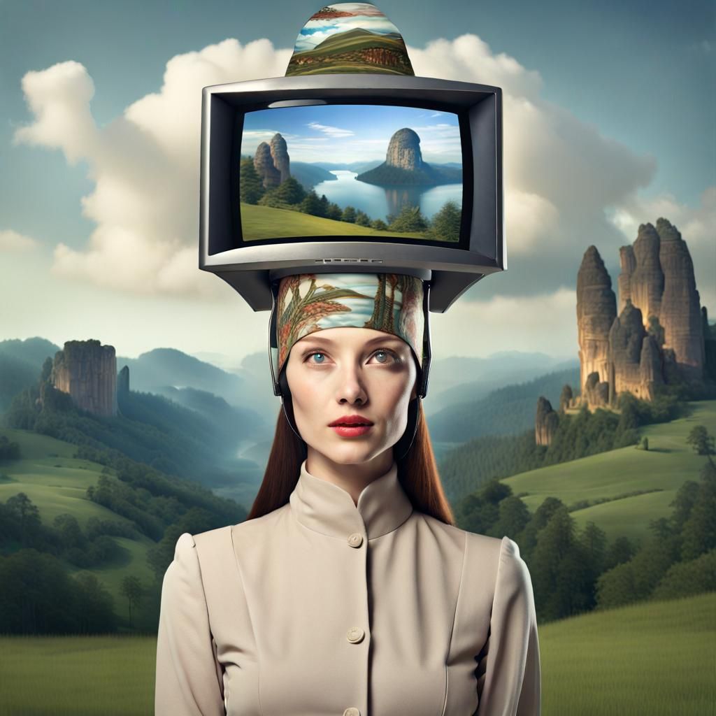 Elegant Lady with Monitor Headpiece in Detailed Landscape