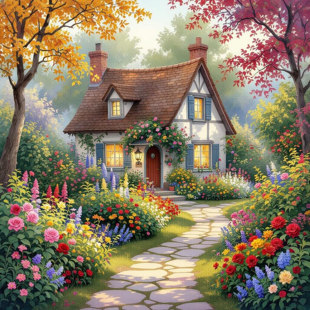 Enchanting Storybook Cottage in Vibrant Watercolor Garden