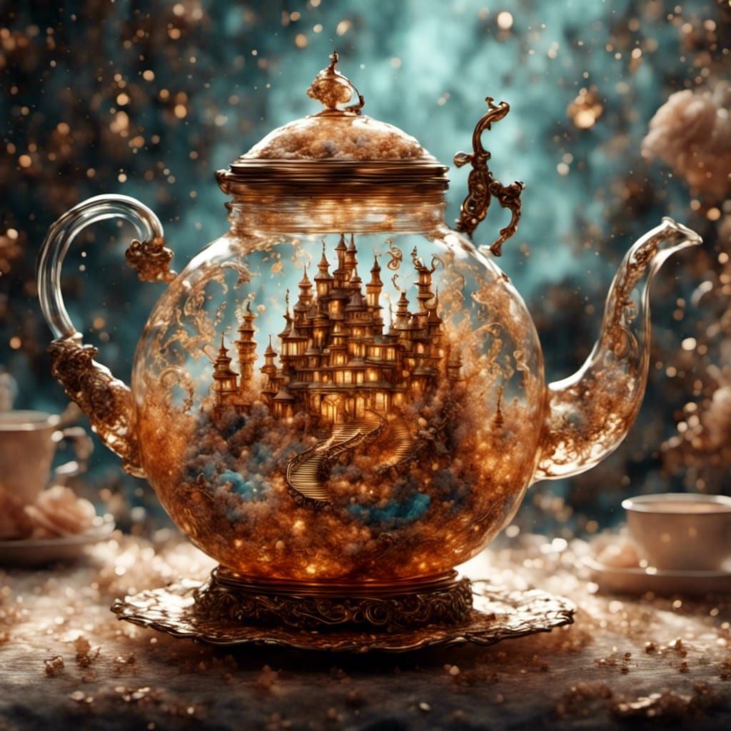 Glass Tea Kettle with Musical Notes, Fantasy Art Nouveau