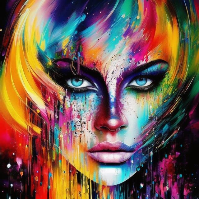 Vibrant Hooded Warrior Woman in Colorful Splash Art Style