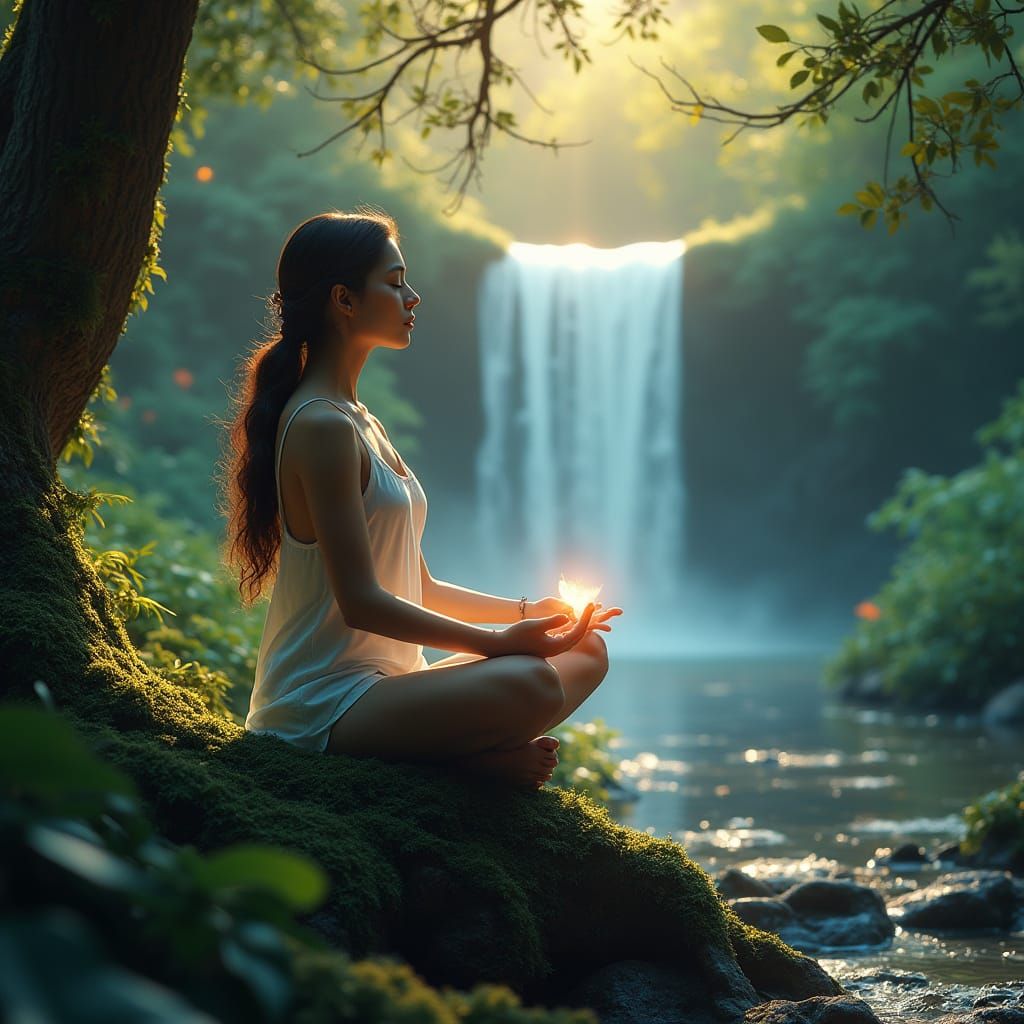 Serene Woman Meditates in Vibrant Forest Landscape