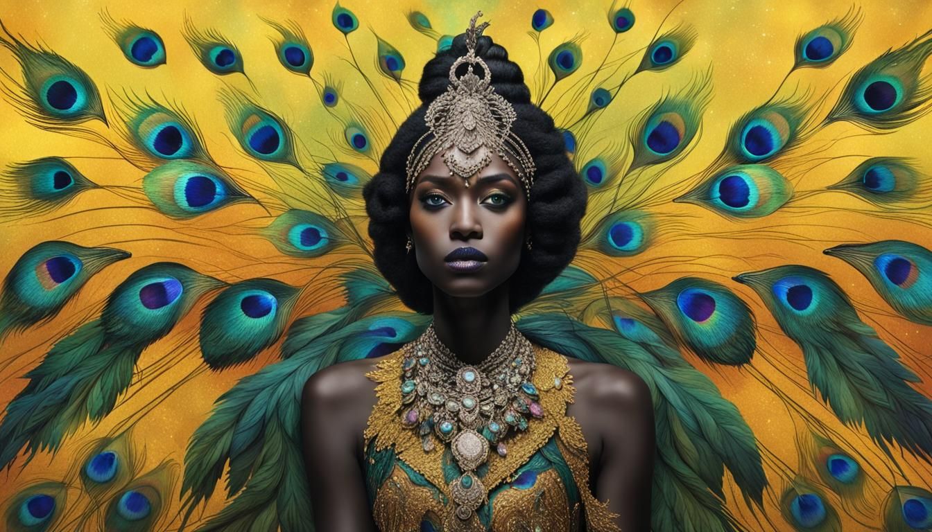 Iridescent Goddess with Diamond Crown and Peacocks