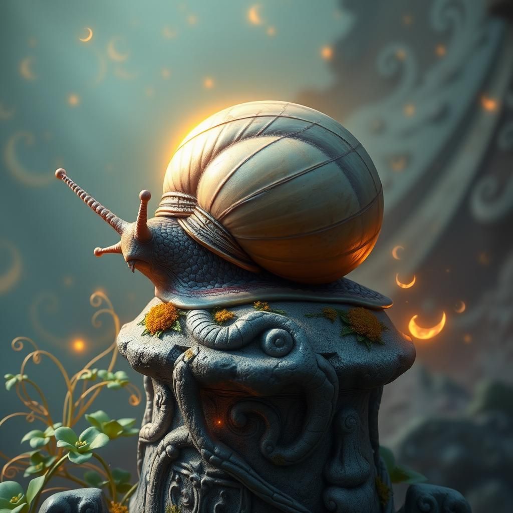 Mystical Snail on Stone Pedestal: Fantasy Art