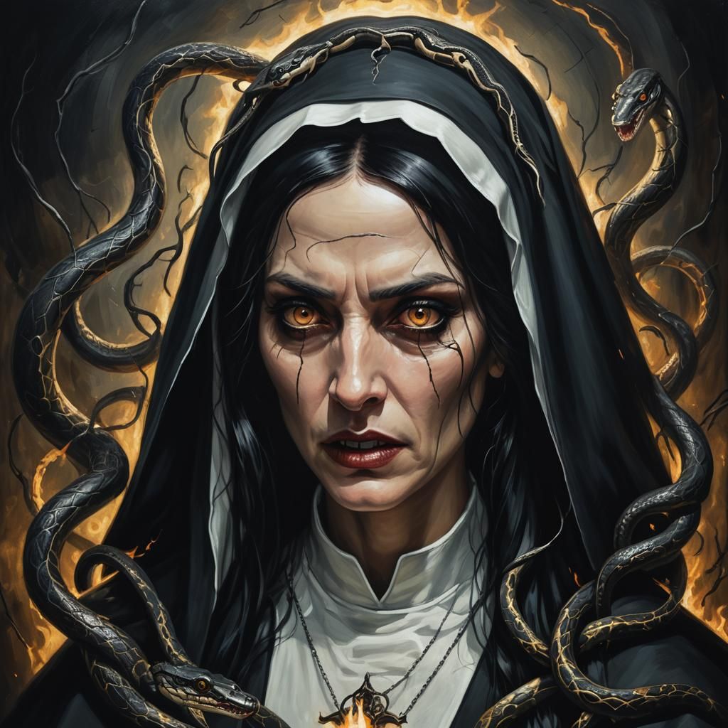Gothic Nun Portrait with Snake Hair