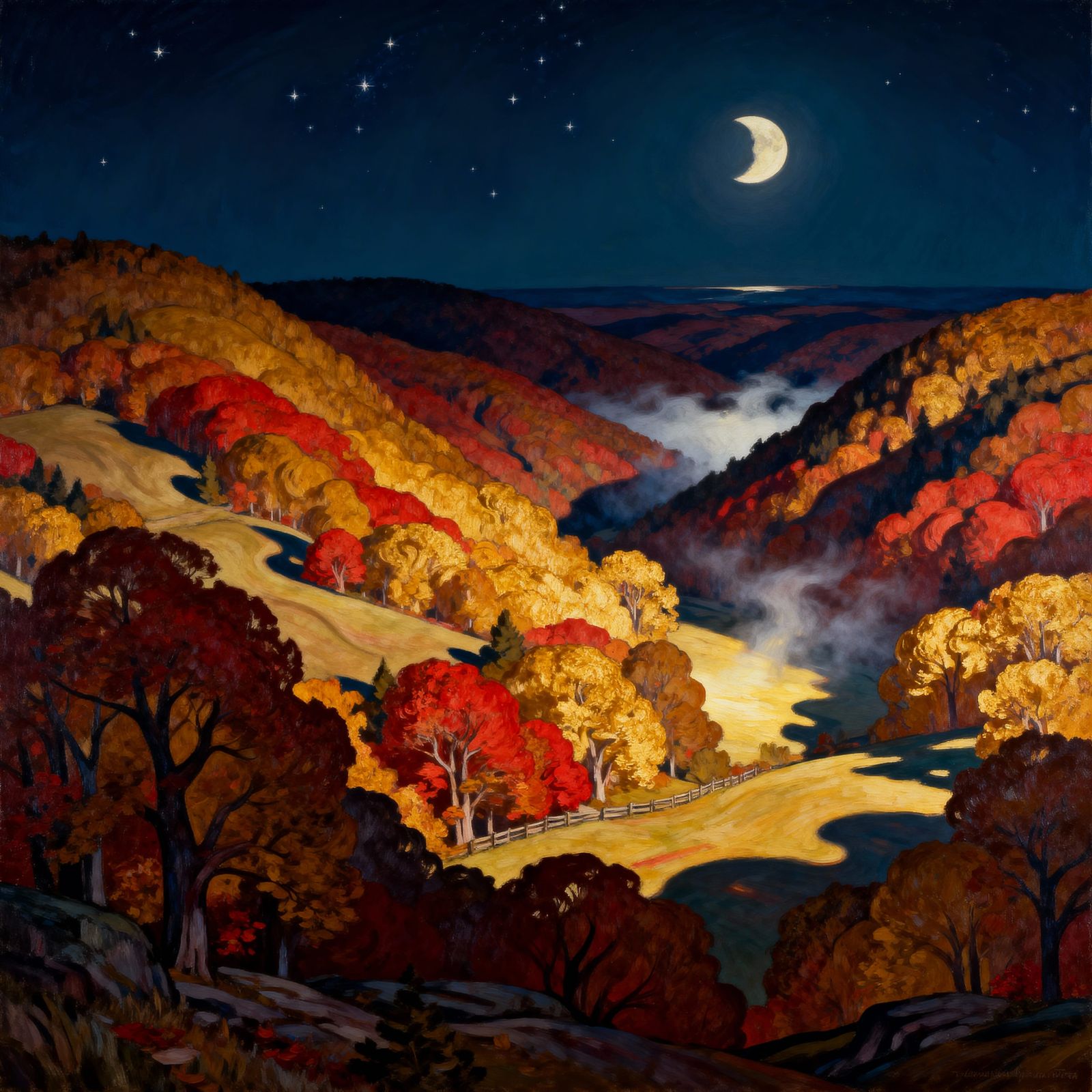 Ozark Valley Autumn Night Painting in Thomas Hart Benton Sty...