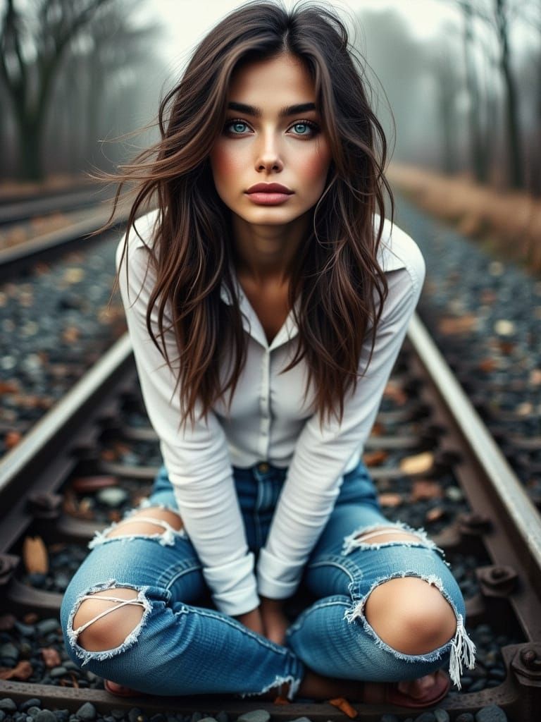Photorealistic Woman Posing on Railroad Track
