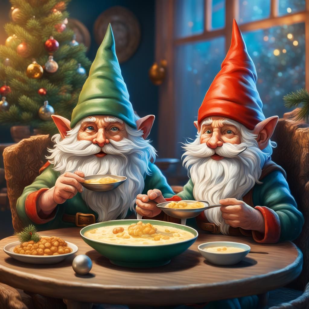 Gnomes' Christmas Porridge Feast: Hyperrealistic Splash Art