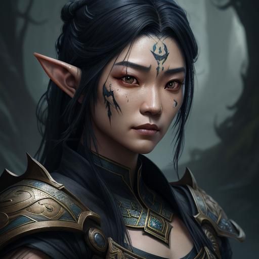 Asian Elf Portrait with Scar in Detailed Digital Art