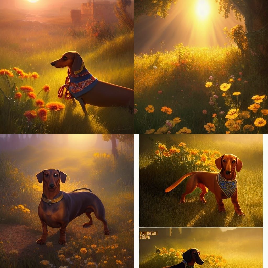 Dachshund in Flower Field, Digital Art