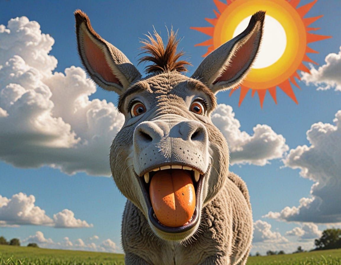 2D cartoon illustration of a donkey viewed from behind, with a comically oversized rear end. The donkey's head is twiste...