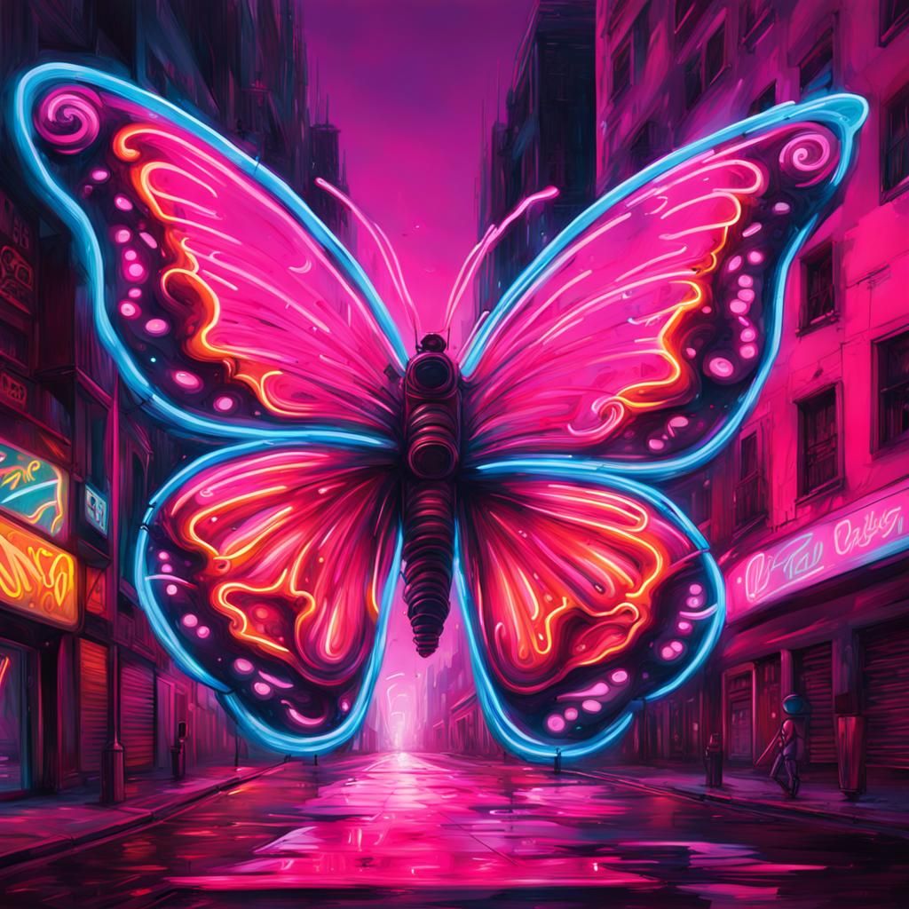 Neon Butterfly in Cityscape Graffiti Art